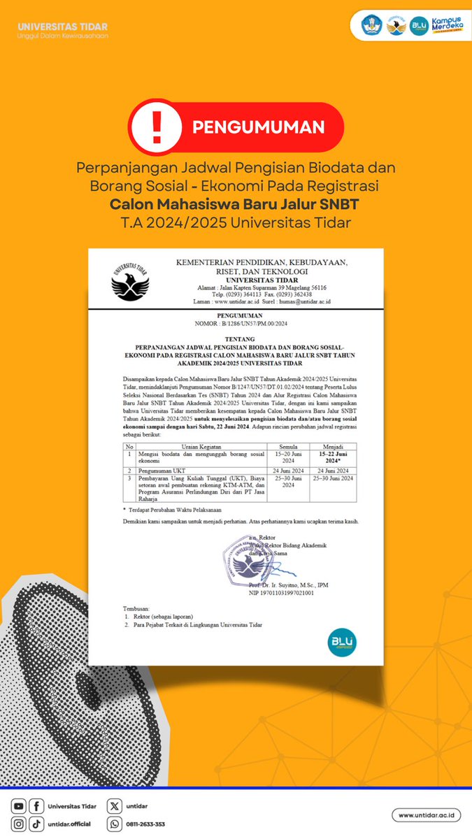 Perpanjangan Jadwal Pengisian Biodata dan Borang Sosial-Ekonomi Registrasi Calon Mahasiswa Baru Jalur SNBT Tahun Akademik 2024-2025 Universitas Tidar

untidar.ac.id/perpanjangan-j…