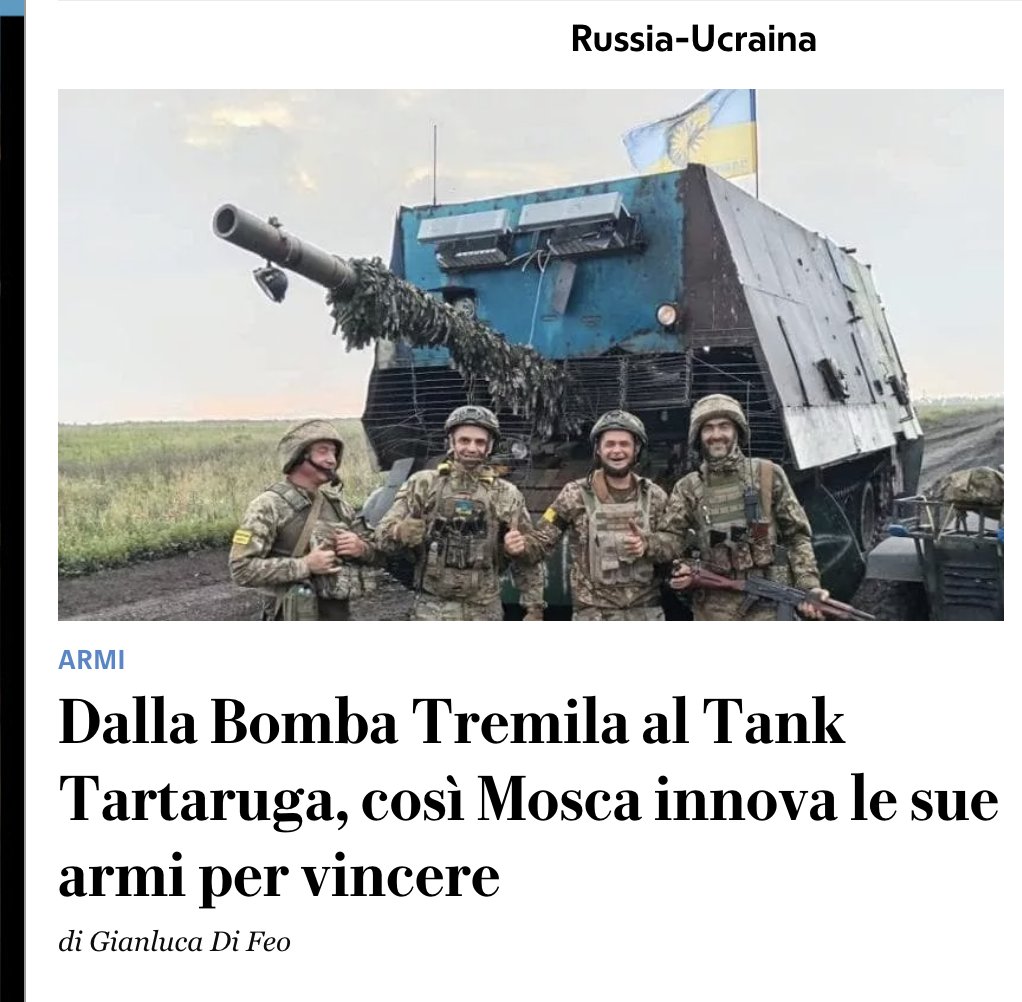 Ma veramente <a href="/repubblica/">Repubblica</a> ci vende il "Tank Tartaruga" russo (pubblicando una foto di un tank ucraino con tanto di bandiera 🇺🇦) come una "innovazione" militare per vincere? Una roba da ferramenta, che fa ridere il mondo, in Italia viene raccontata come esempio virtuoso. <a href="/tincazzi/">cristiano tinazzi</a>