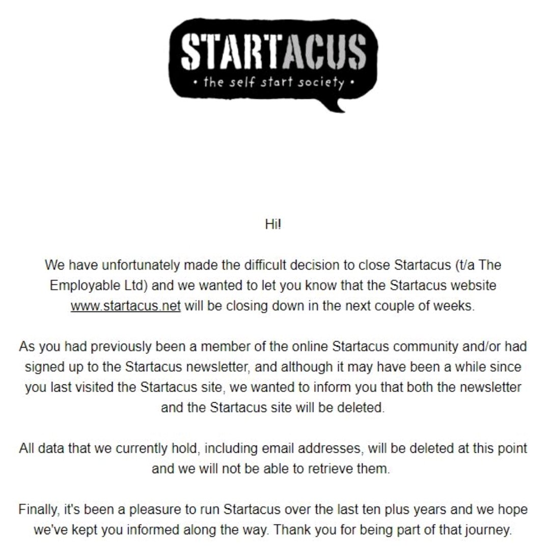 *Important news for anyone that has registered to Startacus via the site or signed up to our newsletter*