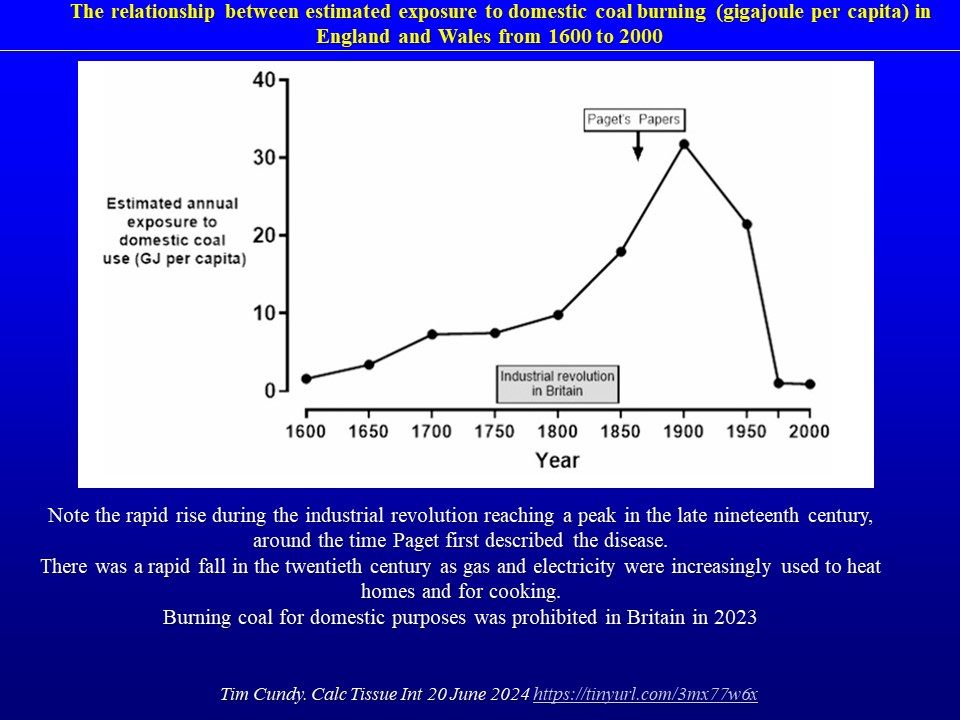 The Decline of Paget’s Disease of Bone and Domestic Coal Use—A Hypothesis. Tim Cundy. CalcTissueInt 20 June 2024 tinyurl.com/3mx77w6x …fine paper indeed