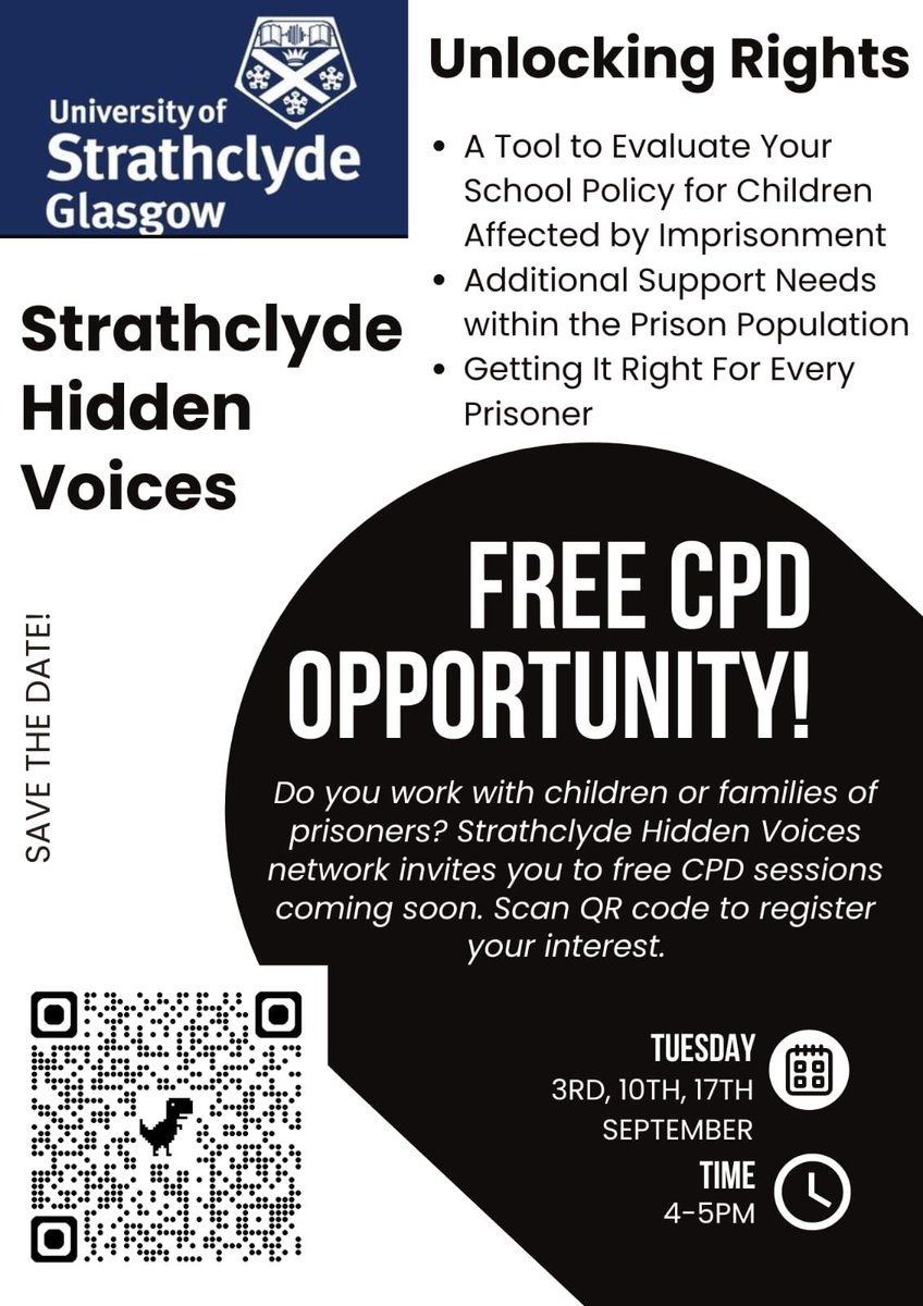 ⬇️Strathclyde Hidden Voices Network⬇️

If you work with children &amp; YP/families affected by imprisonment, this is for you!

Scan the QR code below to note interest for our 3-part CLPL: Unlocking Rights.
More information will follow.

#StrathHiddenVoices <a href="/ajcorrigan/">Amanda Corrigan</a> <a href="/gmac_mcneil/">Gillian Francis-McNeil (she/her)</a>