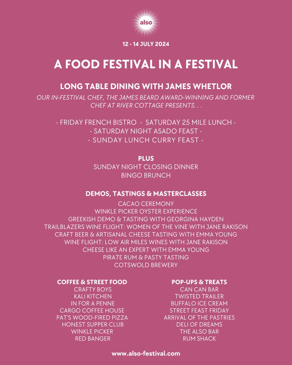 The menus are in! And our food events are OPEN for booking! 💥

Browse the menus here, make a reservation a also-festival.com and we look forward to showing you to your table.

#ALSO24 - Where ideas run wild 🪐