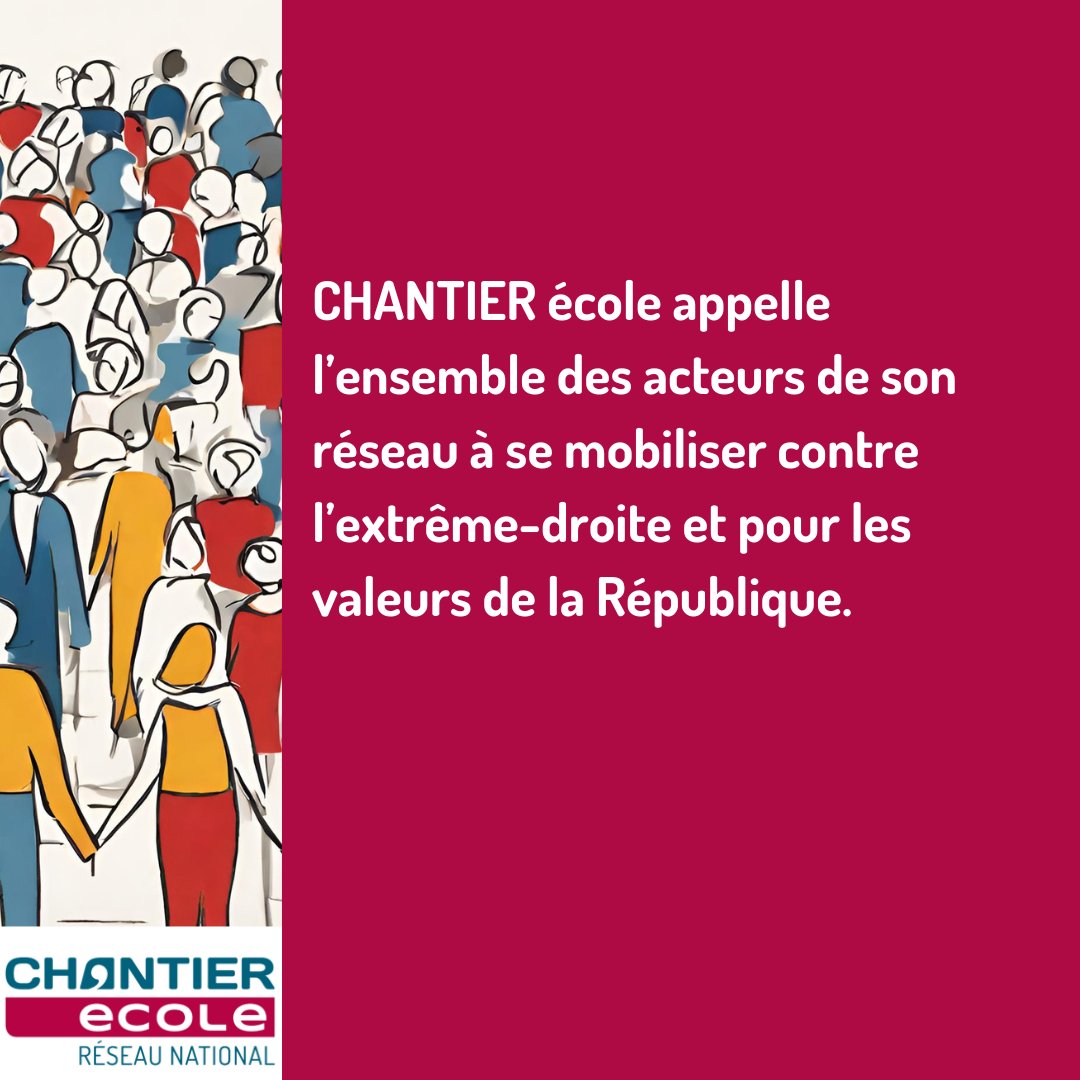 CHANTIERecole's tweet photo. 📣 Face au risque que constituerait une majorité d’extrême droite, le réseau CHANTIER école réaffirme les valeurs qui rassemblent les acteurs et guident leur action👇
https://t.co/SvcAtBLh2a https://t.co/pRgwdmHWGJ