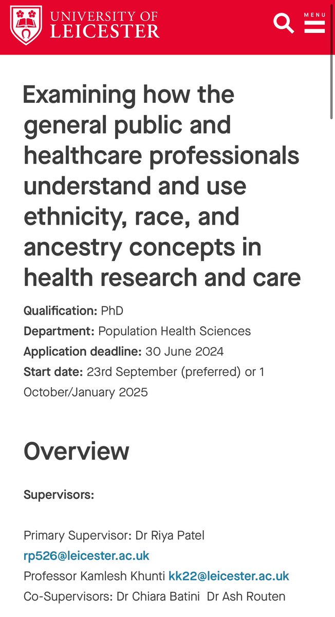 👀 PhD opportunity (Fully-funded) Examining how the terms #ethnicity #race and #ancestry are understood for use and application in health research and care. 
Really important work for the future direction of ethnicity and health and precision healthcare. le.ac.uk/study/research…