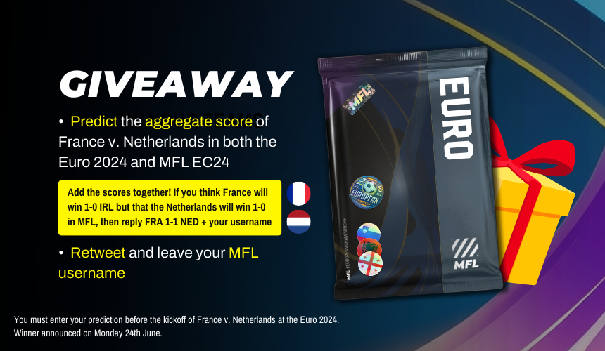 #GIVEAWAY   🇳🇱 🇫🇷

To enter, RETWEET &amp; reply with:
•  Your prediction of the AGGREGATE results of #NEDFRA in both the #Euro2024 and MFL #EC24 tomorrow 🔮 (see image for details)
•  Your MFL username 📛

The winner will get a Euro Pack 🎁

Results on Monday. Good luck! #onFlow