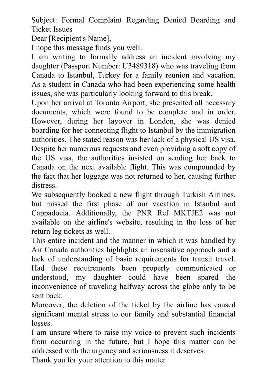 NehaSha41485587's tweet photo. My daughter was wrongfully denied her connecting flight to Istanbul at London airport leading to immense trauma and financial losses #AirCanada #londonimmigration #HCILondon #HighCommissionOfIndiaLondon #ministryofforeignaffairsindia #londonairportauthority #foreignaffairsindia https://t.co/kHlh40AIwn