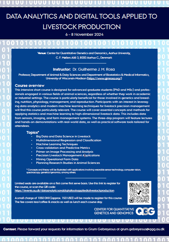 QGG AU (@qgg_au) on Twitter photo 📣 Come join us for a 3-day intensive course in Data Analytics and Digital Tools Applied to Livestock Production 6-8 November 📣 Instructor: <a href="/gjmrosa/">Guilherme J. M. Rosa</a>. 📣
Read more and sign up here: bit.ly/4etV297
#DataAnalytics #DigitalTools #Livestock
@GebreGrum <a href="/GoutamSahana/">Goutam Sahana</a> 📣 Come join us for a 3-day intensive course in Data Analytics and Digital Tools Applied to Livestock Production 6-8 November 📣 Instructor: <a href="/gjmrosa/">Guilherme J. M. Rosa</a>. 📣
Read more and sign up here: bit.ly/4etV297
#DataAnalytics #DigitalTools #Livestock
@GebreGrum <a href="/GoutamSahana/">Goutam Sahana</a>