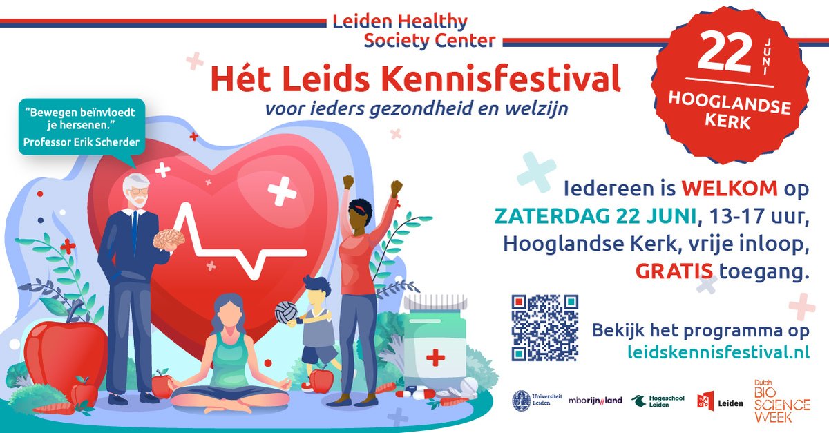 Wil jij alles weten over nieuwe ontwikkelingen voor een gezond leven? Over hoe jij lekker lang en leuk kan leven in Leiden? Kom morgen naar het gratis Leids Kennisfestival van 13:00 tot 17:00 uur in de Hooglandse Kerk! tinyurl.com/pc4etatv #gezondheid #wetenschap #Leiden