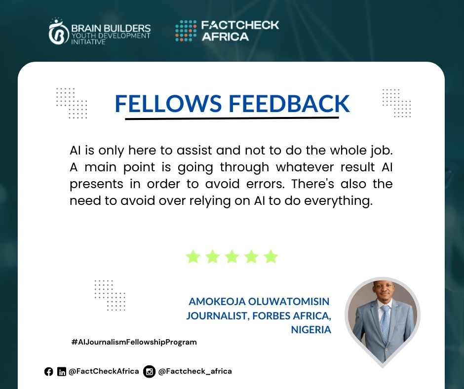 FactCheckAfrica (@factc_africa) on Twitter photo Here's what our AI Journalism Fellows had to say about <a href="/aliibrahem88/">Ali Al Ibrahim</a>'s session on "Ensuring Ethical and Equitable AI Practices in Journalism" yesterday:
"My takeaway is that AI is here to help us in undercover investigations and simplify data for backups. It's crucial to use Here's what our AI Journalism Fellows had to say about <a href="/aliibrahem88/">Ali Al Ibrahim</a>'s session on "Ensuring Ethical and Equitable AI Practices in Journalism" yesterday:
"My takeaway is that AI is here to help us in undercover investigations and simplify data for backups. It's crucial to use