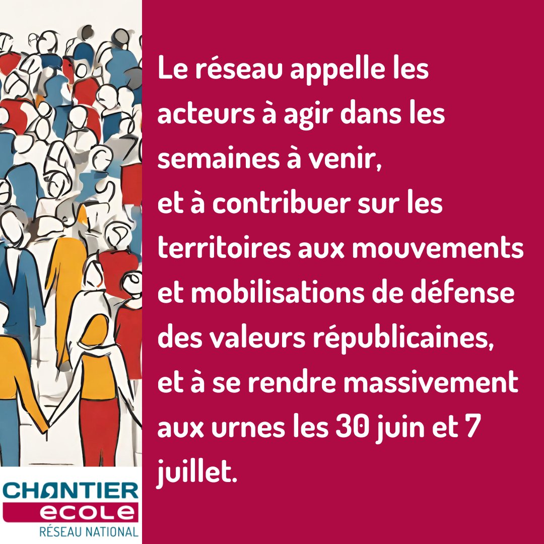 📣 Face au risque que constituerait une majorité d’extrême droite, le réseau CHANTIER école réaffirme les valeurs qui rassemblent les acteurs et guident leur action👇
cdr-chantierecole.org/?post_type=dlm…