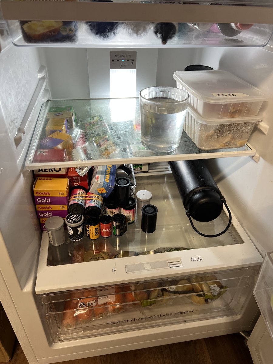 JacquiE_Photo's tweet photo. My fridge; assorted condiments, a bottle of water, leftovers, 80 rolls of film 🙃 #filmphotography https://t.co/BI1tOw92uS