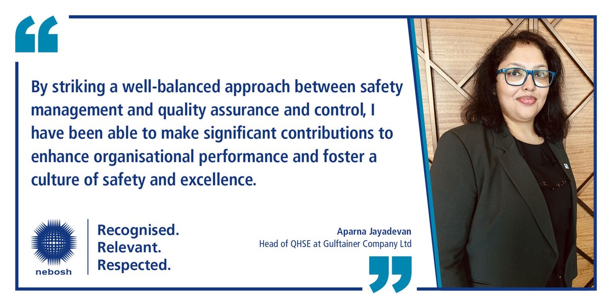 NEBOSHTweets's tweet photo. Aparna Jayadevan is Head of QHSE at Gulftainer Company Ltd in the United Arab Emirates. In this interview she talks about her career to date; highlighting how NEBOSH qualifications have supported her career progression. Read it here: https://t.co/QK9nORaS62 https://t.co/B6fWxenxVo