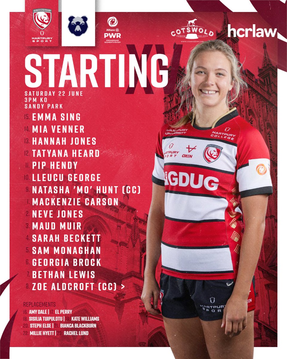 𝗙𝗜𝗡𝗔𝗟 𝗧𝗘𝗔𝗠 𝗡𝗘𝗪𝗦 🎪

Your Gloucester-Hartpury 23 for the Allianz <a href="/ThePWR/">Premiership Women's Rugby</a> Final. 

🤝 <a href="/CotswoldRAW/">Cotswold RAW</a> <a href="/HCRlaw/">HCR Law</a> 

🎟️👉 bit.ly/PWRFinalTickets 
🚌👉 bit.ly/FinalTravelOnS…  

#GlosHartpury #AllianzPWR
