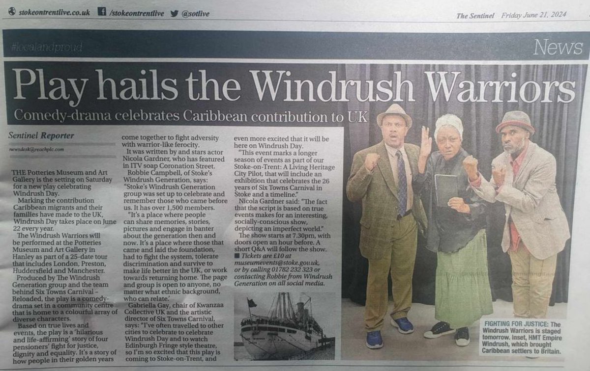 Thank you Stoke Sentinal.
See us in Stoke THIS SATURDAY!
At the Potteries Museum.

Tkts link here:
stokemuseums.org.uk/pmag/whats-on/…

#stoke #theatre #windrush