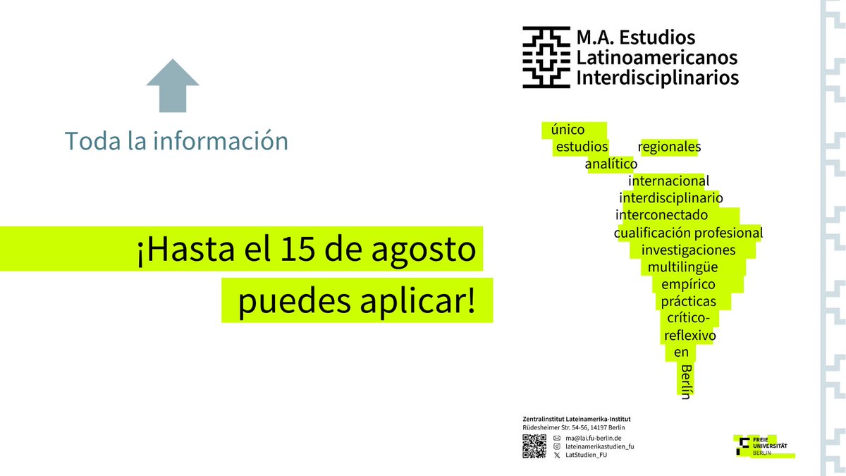 ✨ ¿Quieres aplicar a la Maestría en Estudios Latinoamericanos Interdisciplinarios?  Alle Informationen findest du hier 🤩lai.fu-berlin.de/es/studium/mas… 🌎