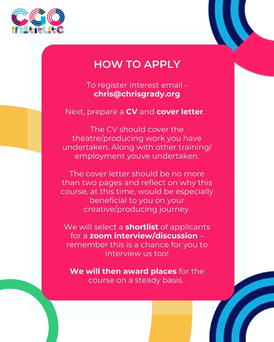 Time to GET INFORMED and SIGN UP to our new creative producing course this Sep in London!!

For more details visit the link - chrisgrady.org/intensive-lond…

Hope to see you there! 

#ProductionJobs #theatre #courses #shortcourse