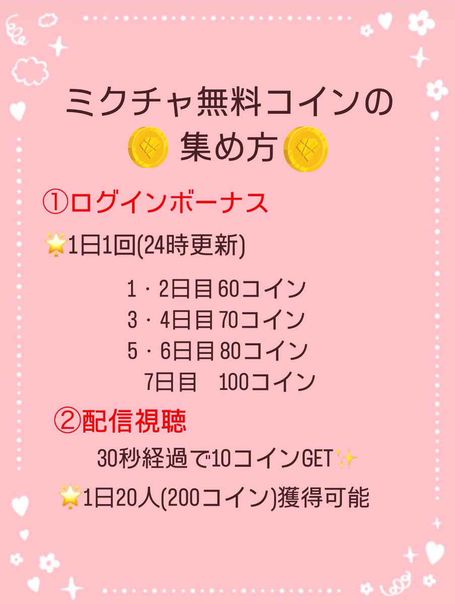 ここで！復習！！！ 🌷ミクチャ無料コインの集め方🌷 無料でコインをGETすることができます✨️ 無料コインも大事なポイントになります！！  時間をみつけて少しでもコイン集めをしてもらえると嬉しいです☺️💕 チェックお願いします💗