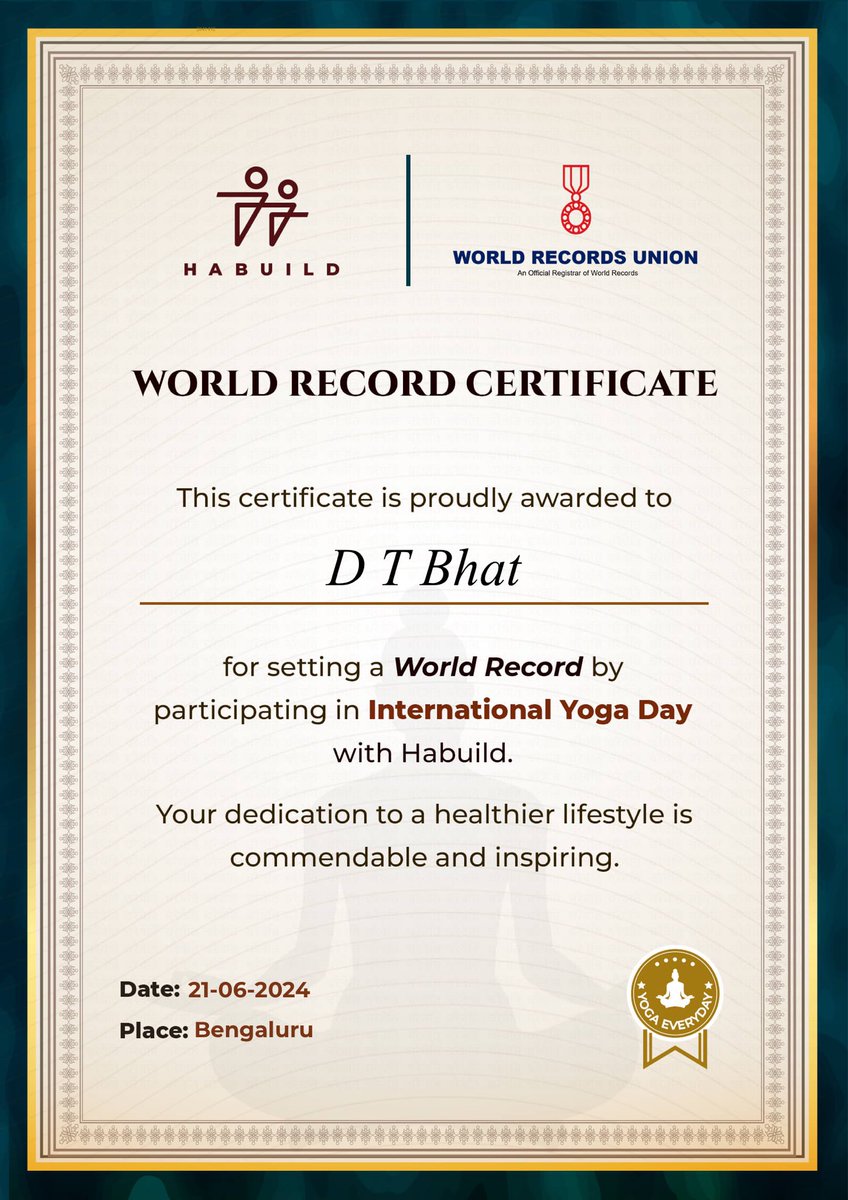dtbhat's tweet image. Here is the certificate! #InternationalYogaDay #Habuild