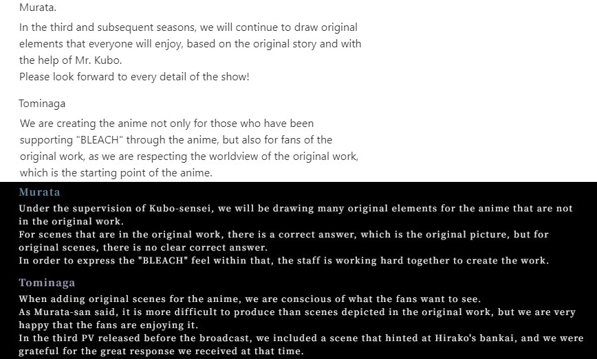 Anhiksi's tweet image. According to #BLEACH TYBW staff members the manga is just the "starting point", as from Cour 3 on they will continue to draw many new scenes with the help of Kubo-sensei while basing them on the original story. Creation of these is much harder because there is no manga reference.