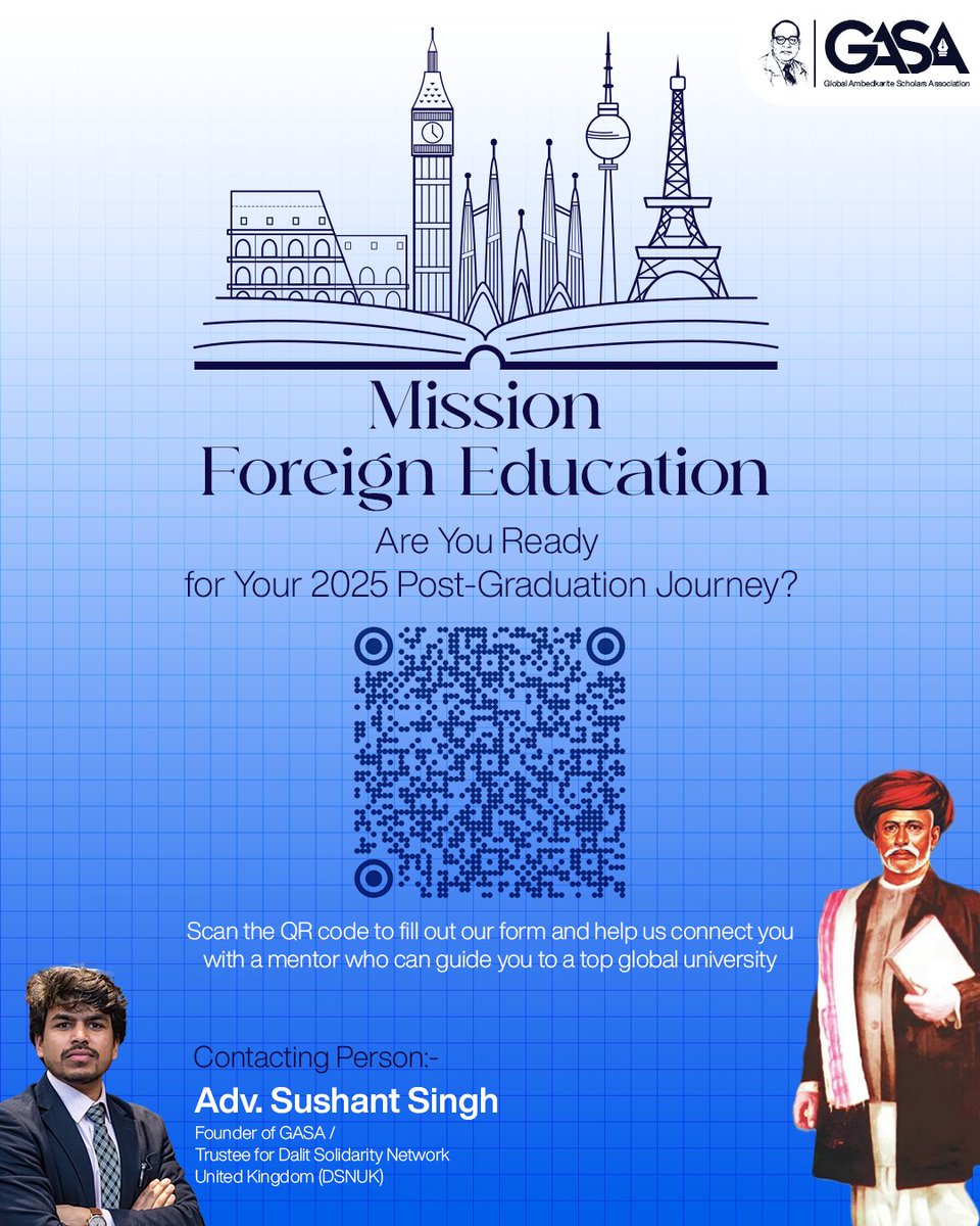 Sushant Inderjeet Singh 🇮🇳 (@sushantijs) on Twitter photo We <a href="/gasa_community/">Global Ambedkarite Scholars Association (GASA)</a> are trying to support students from a needful section of our society, "Mission Foreign Education" program offers free assistance with admissions for master’s programs abroad. Retweet for more reach! 🙏🙏
Let's succeed together!! Signup - forms.gle/V9SuYM4XHeya4d… We <a href="/gasa_community/">Global Ambedkarite Scholars Association (GASA)</a> are trying to support students from a needful section of our society, "Mission Foreign Education" program offers free assistance with admissions for master’s programs abroad. Retweet for more reach! 🙏🙏
Let's succeed together!! Signup - forms.gle/V9SuYM4XHeya4d…