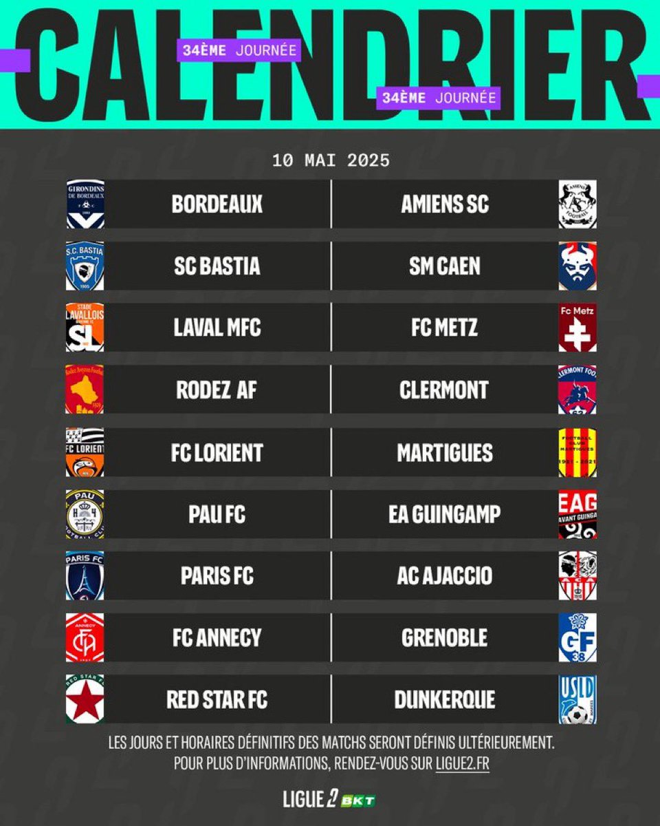 DonFcgb's tweet image. 🚨#Programmation :
⚽️ #FCGBASC :
🏟️ Pour le compte de la 𝟑𝟒𝐞 et dernière journée de #Ligue2, les #Girondins recevront @AmiensSC sur la pelouse du @MatmutAtl, le 𝐒𝐚𝐦𝐞𝐝𝐢 𝟏𝟎 𝐦𝐚𝐢 𝟐𝟎𝟐𝟓 !