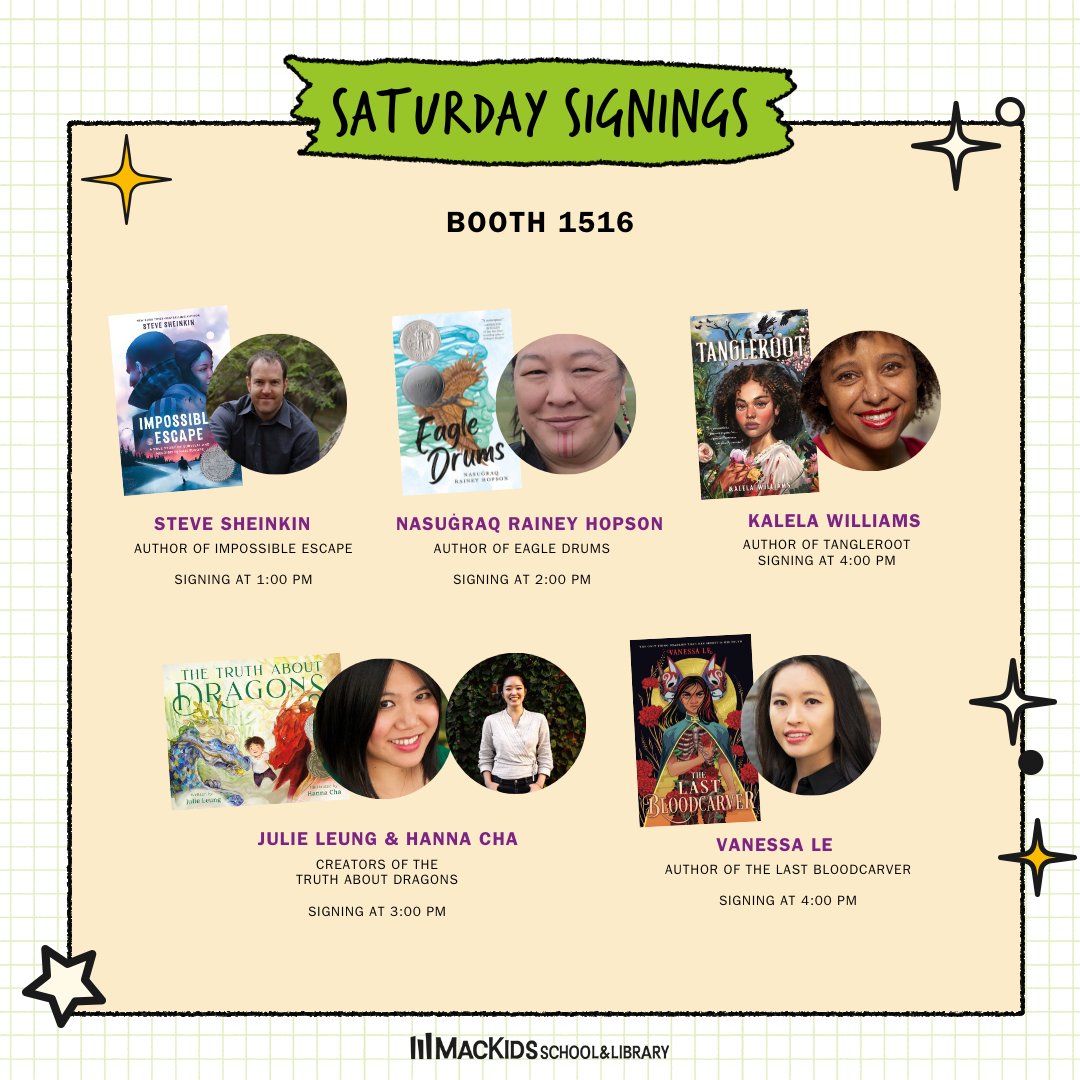 We have so many incredible authors signing in booth 1516 this afternoon! Stop by to meet <a href="/SteveSheinkin/">Steve Sheinkin</a>, Nasuġraq Rainey Hopson, <a href="/jleungbooks/">Julie Leung | 梁婉君</a>, <a href="/hannayoonicha/">Hanna Cha</a>, Vanessa Le, and Kalela Williams: bit.ly/4c2sDph #MacKidsALA #ALAAC24