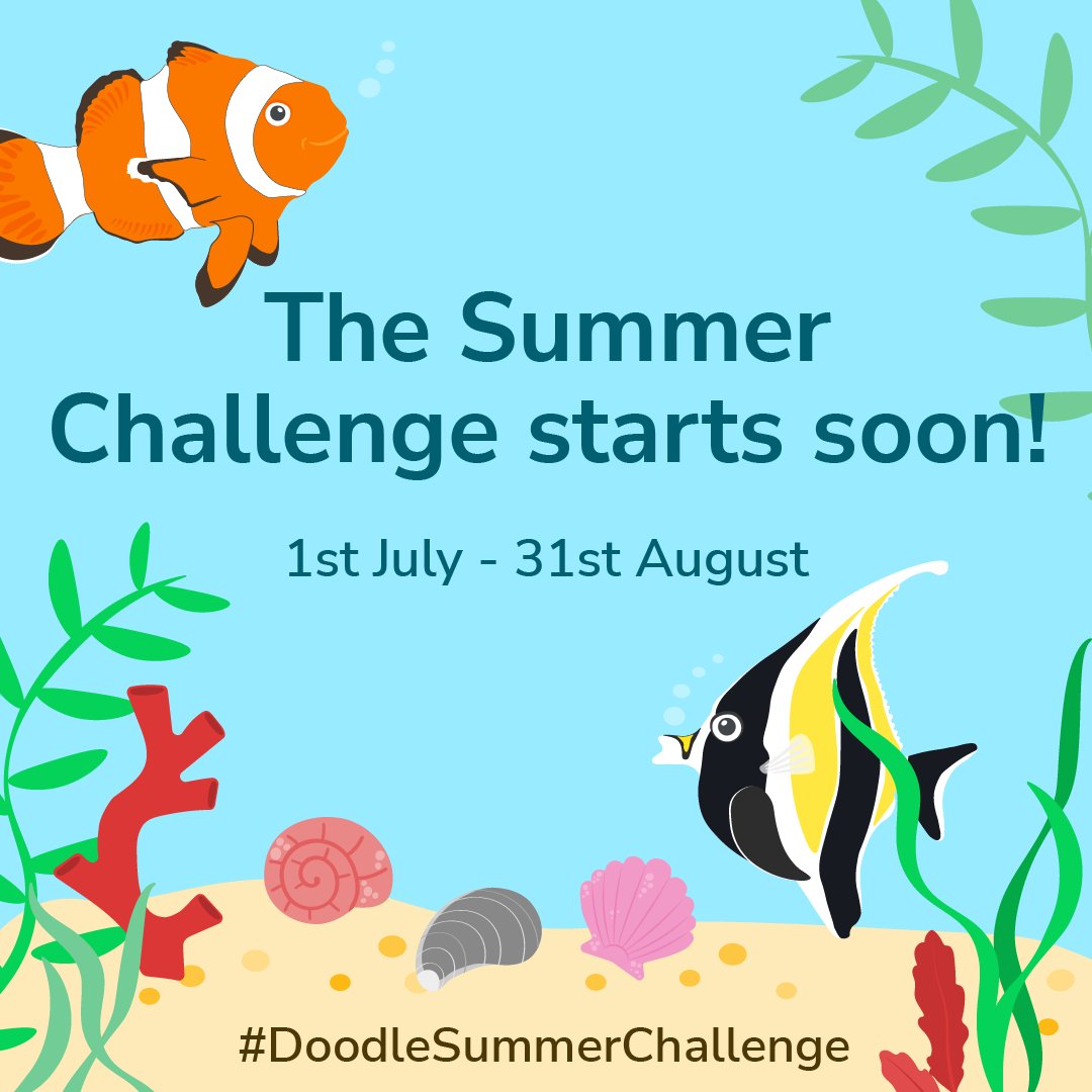 It’s nearly time for the #DoodleSummerChallenge! 🐠 Are you ready to take the plunge? 🤿

Beginning on July 1st, kids can earn aquatic-themed pin badges + certificates by joining the fun 🐬
 
Keep an eye on this page for more details on how to take part, coming soon!