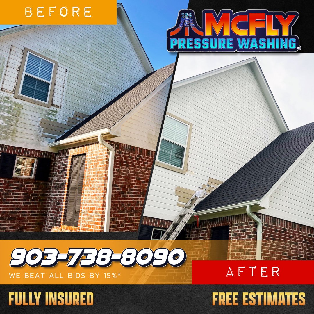 McFlyCleaning's tweet photo. Is your house overdue for a good cleaning? Call McFly today for your soft washing and pressure washing needs! 903-738-8090
 
#mcflypressurewashing #fullyinsured #satisfactionguaranteed #lettheproshandleit #residentialcleaning #housewashing #sidingrenewal #vinylsidingcleaning https://t.co/QxOKPBASfZ