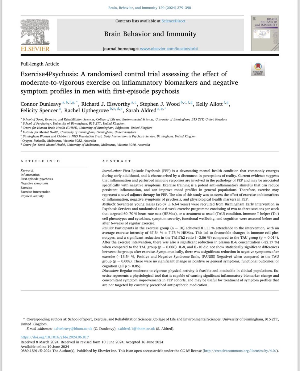 EXERCISE4PSYCHOSIS!

Delighted to announce that the main project of my PhD, investigating the effects of regular exercise on inflammatory biomarkers in first-episode psychosis, is PUBLISHED! 

Find here, in Brain, Behaviour, and Immunity:

sciencedirect.com/science/articl…