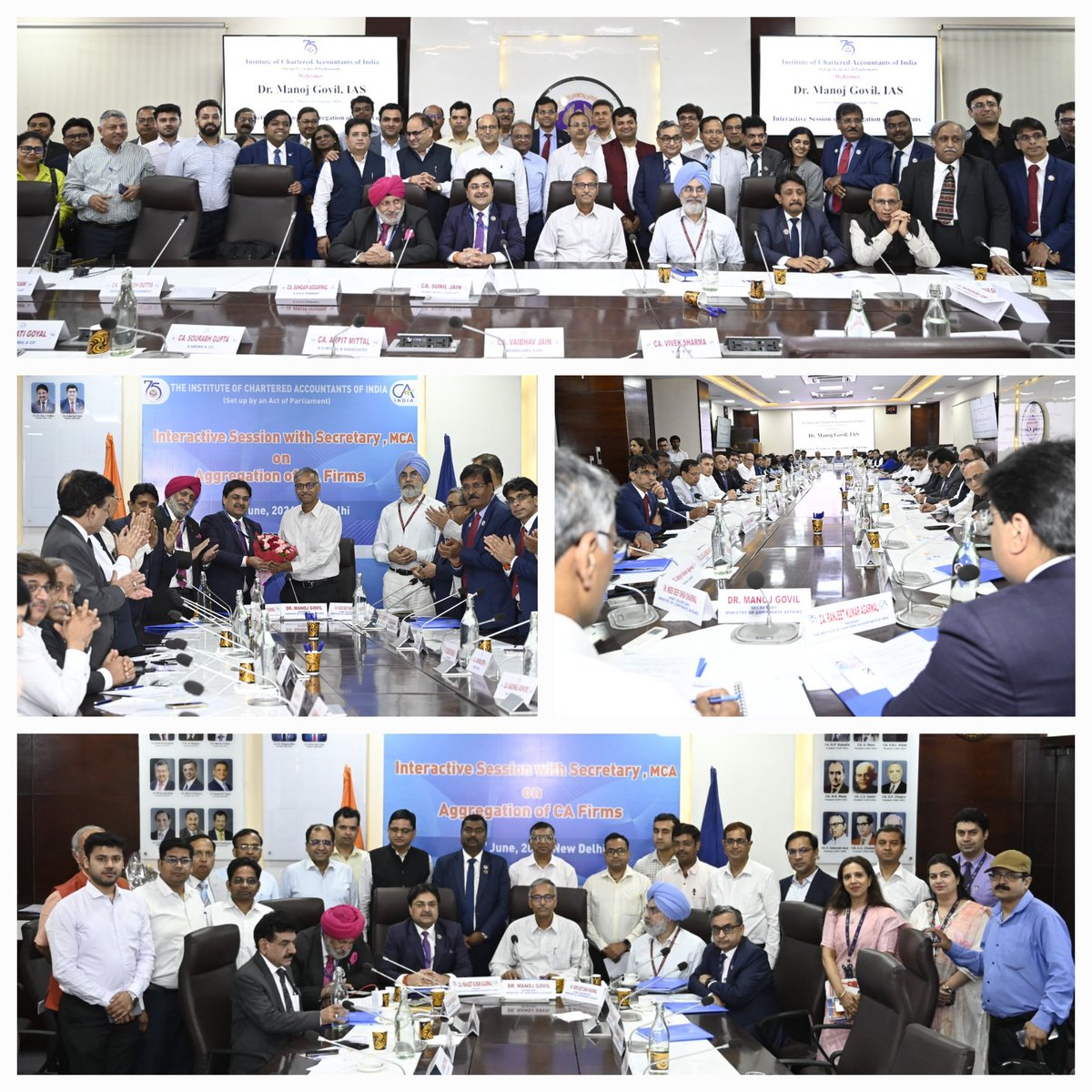theicai's tweet image. Dr.Manoj Govil, Hon'ble Secretary-MCA,Shri Inder Deep Singh Dhariwal,Joint Secretary- MCA along with CA Ranjeet K. Agarwal,President-ICAI,CA. Charanjot Singh Nanda,VP-ICAI,Past President &amp;amp; CCMs in the Interactive Session on Aggregation of CA Firms at ICAI HO New Delhi today.