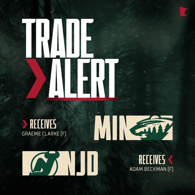 Trade graphic wild receive Graeme Clarke from the Devils for Adam Beckman