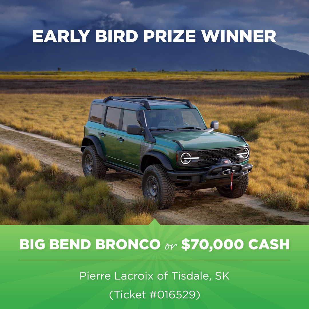 And the WINNER of the Big Bend Bronco Early Bird Prize is…🥁

Pierre Lacroix of Tisdale, SK (ticket #016529)! Enjoy your brand new 2024 Ford Bronco Big Bend, OR $70,000 Cash!

Hurry, buy your tickets before Midnight, Tonight!
🔗 KinsmenHomeLottery.com