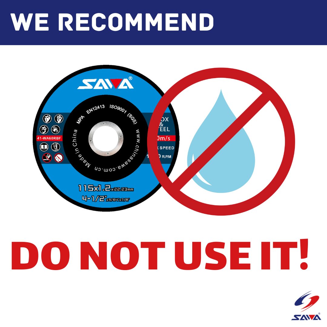 SawaAbrasives's tweet image. Can a wet cut-off wheel be used? 
🚫Do not use it.
Moisture can cause abrasive particles to lose adhesion, reducing cutting performance.💧❌
At high speeds, moisture can cause imbalance, increasing the risk of breakage or flying debris.⚠️💥
#SAWA #cutoffwheel
