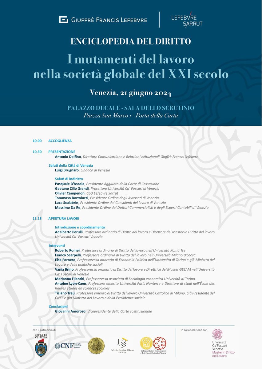 Con soddisfazione condivido l’annuale evento Giuffrè Francis Lefebvre, dedicato al diritto, alle libere professioni e all’università, che ho contribuito a portare a Venezia dopo l’edizione ‘23 di Roma.
Tema 2024: “I mutamenti del lavoro nella società globale del XXI secolo”. ⚖️📚