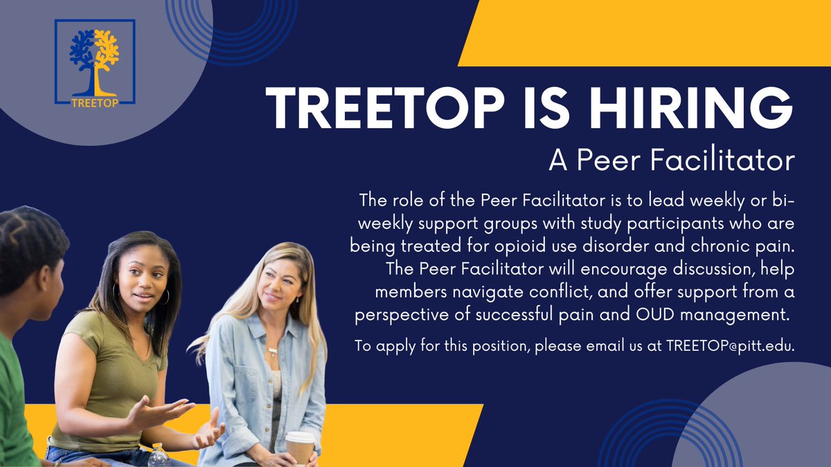 .<a href="/PittTREETOP/">Pitt TREETOP</a> is hiring a #PeerFacilitator with personal lived experience with #OpioidUseDisorder, #ChronicPain, &amp; #buprenorphine. 

Learn more about the position &amp; how to apply: treetop.pitt.edu/careers