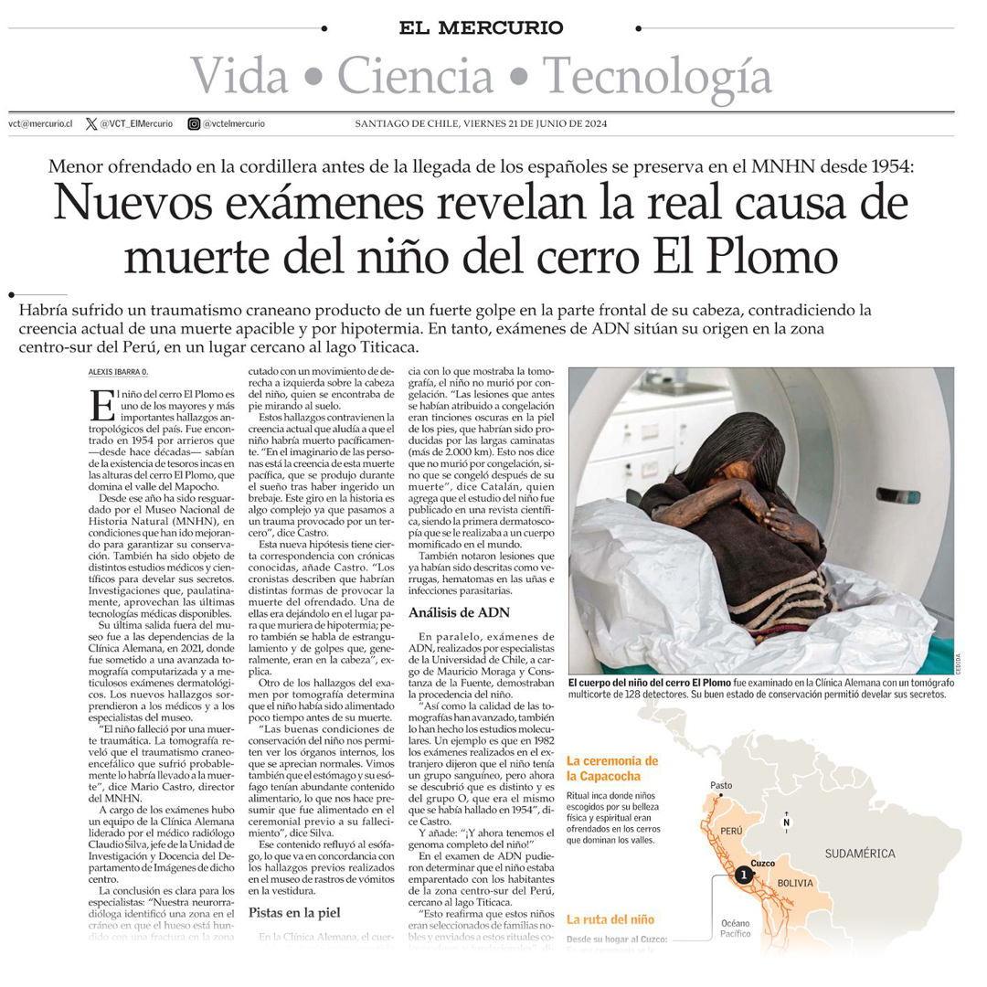 MNHNcl's tweet image. REVELADORAS NOVEDADES DEL NIÑO DEL CERRO EL PLOMO 🧒🏽🏔️🤯
En el reportaje de Vida, Ciencia y Tecnología, de El Mercurio (@VCT_ElMercurio ) donde se entregan detalles de lo que trae el documental “El Guardián de Los Andes”, que estrenamos este sábado 22 en el MNHN.