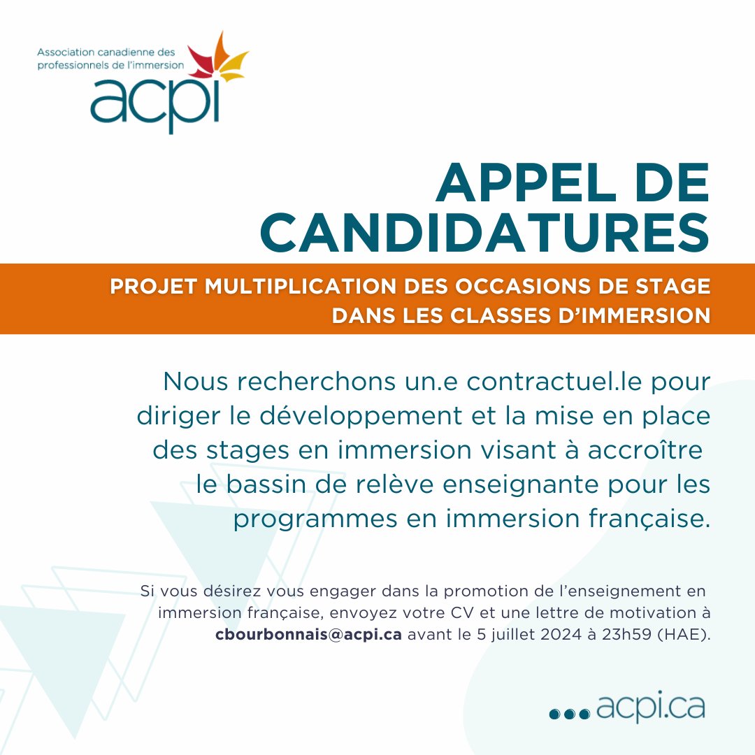 L'ACPI recherche un.e contractuel.le pour diriger le développement et la mise en place d’un nouveau projet stratégique, celui des stages en immersion visant à accroître le bassin de relève enseignante pour les programmes #immersionfrançaise. Détails : 👉 loom.ly/R3chH9s