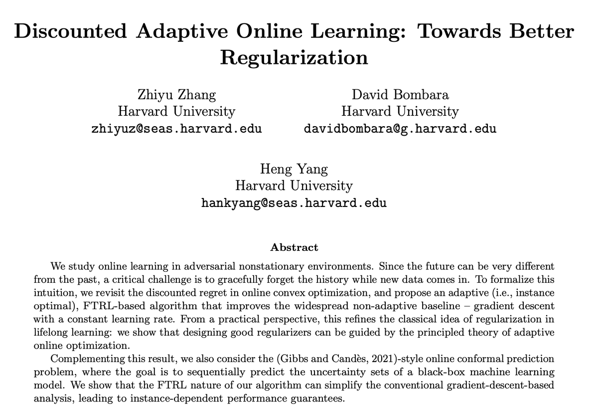 imZhiyuZ's tweet photo. A short thread about our ICML paper, joint work with David Bombara and Heng Yang (@hankyang94). 

tldr: Follow the Regularized Leader (FTRL), as a well-known gradient descent replacement in online learning, is particularly useful for lifelong learning and conformal prediction. https://t.co/rpw4DY3F6Z