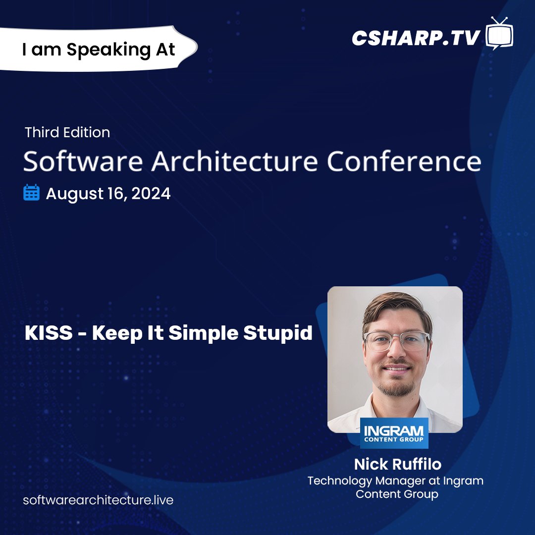 NickRuffilo's tweet image. It's official. I'm speaking at the Software Architecture Conference on August 16th.
I'll be talking about coding simply to make it easier to maintain, onboard new developers, and scale.
Thanks to @CSharpDotTV for giving me this opportunity #SoftwareArchitectureConf