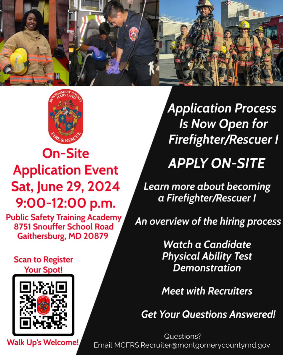Montgomery County, MD - County Exec Marc Elrich (@montcoexec) on Twitter photo Interested in a firefighting career? Come out to <a href="/mcfrs/">MontgomeryCo(MD)Fire</a>' On-Site Application Event on Saturday, June 29, 9 a.m. - Noon at the Public Safety Training Academy. Get all the info you need, see a Candidate Physical Ability Test demo & apply on the spot.
Info: ow.ly/9tJg50Snc6C Interested in a firefighting career? Come out to <a href="/mcfrs/">MontgomeryCo(MD)Fire</a>' On-Site Application Event on Saturday, June 29, 9 a.m. - Noon at the Public Safety Training Academy. Get all the info you need, see a Candidate Physical Ability Test demo & apply on the spot.
Info: ow.ly/9tJg50Snc6C
