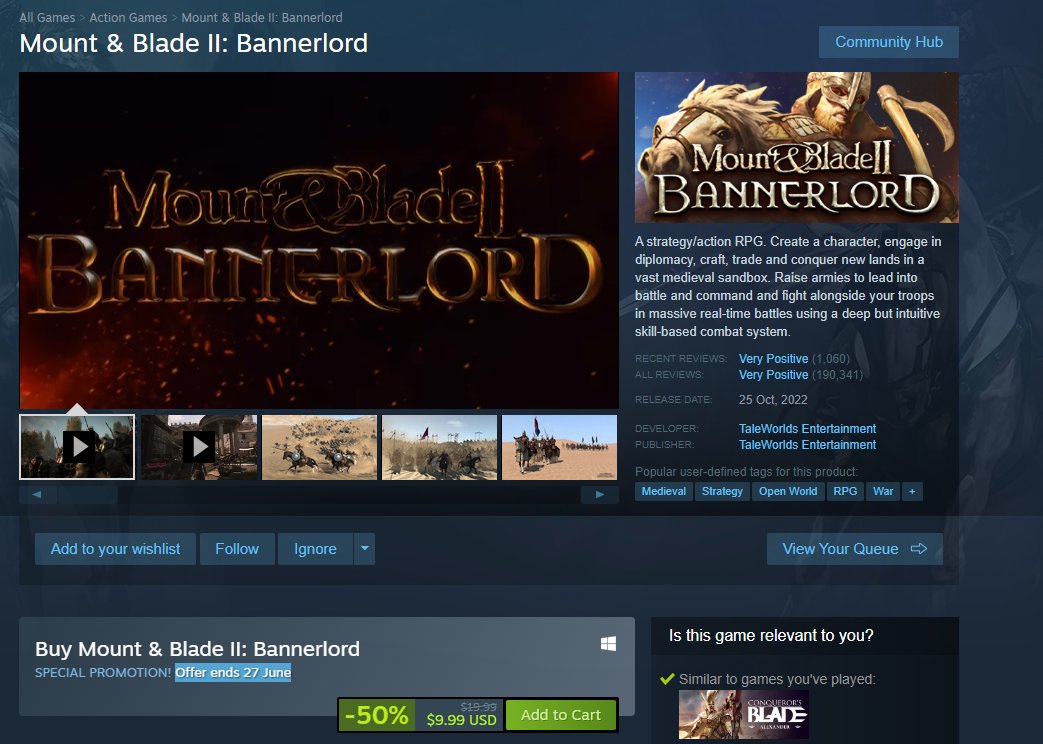 Saud11X11's tweet image. 🚨🚨🚨🚨 

لعبة ماونت اند بليد فيه تخفيض على الستيم 50%
العرض ينتهي بتاريخ 27/06/2024
Mount &amp;amp; Blade II: Bannerlord 
SPECIAL PROMOTION! 50%
Offer ends 27 June
@Steam 
#steam
#SteamDeals #FreeGameKey #Giveaway #SteamDeals #GiveawayAlert #Gaming #PCGamingGiveaway #PCGaming