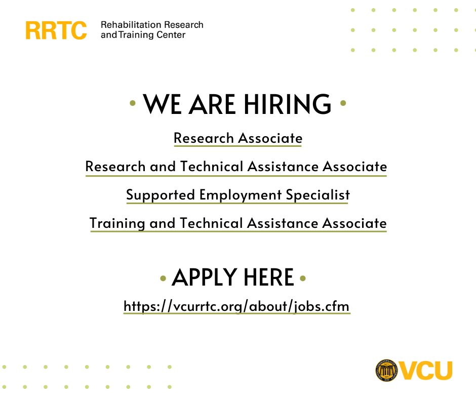 🎉Join our team at the VCU-RRTC!

📍Check out the full job postings here: vcurrtc.org/about/jobs.cfm

VCU is an equal opportunity/affirmative action institution.