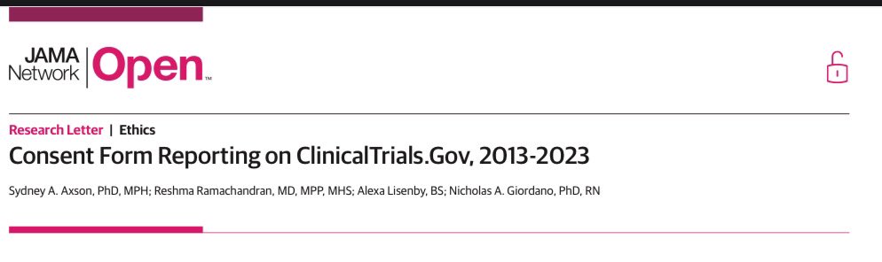 Study consent forms are legally ethically and scientifically imperative &amp; provide potential participants key info yet accessing forms is challenging despite regulation

New in <a href="/JAMANetworkOpen/">JAMA Network Open</a> by <a href="/syd_axson/">Sydney Axson</a> <a href="/NCSP_Yale/">NCSP at Yale</a> <a href="/EmoryNursing/">Emory Nursing</a> <a href="/reshmagar/">Reshma Ramachandran</a> <a href="/PSUNursing/">Nese College of Nursing</a> 

tinyurl.com/5cds7z9j