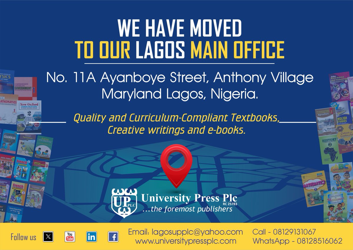 UPPLC's tweet image. Exciting News!

We are officially in our new Lagos main office at 11A, Ayanboye Street, Anthony Village, Maryland, Lagos.

#UniversityPressPlc #Relocation #wehavemoved