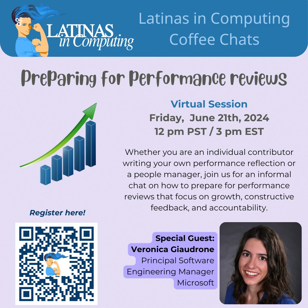 Join us TODAY for our Latinas in Computing Cafecito and talk about "Preparing for Performance Reviews". Veronica Giaudrone, Principal Software Engineering Manager, is ready to share some of her wisdom on the topic. Zoom link here =&gt; bit.ly/LiCCafecitoJun…