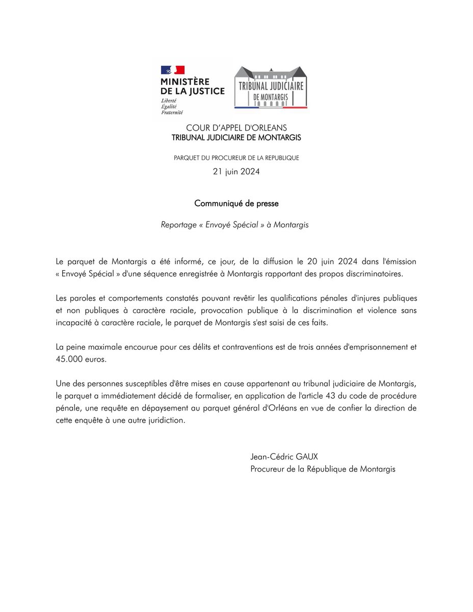 ✍🏻 Communiqué de presse du parquet 

Suite à la diffusion d’un reportage à Montargis dans l’émission « Envoyé Spécial » ⤵️
