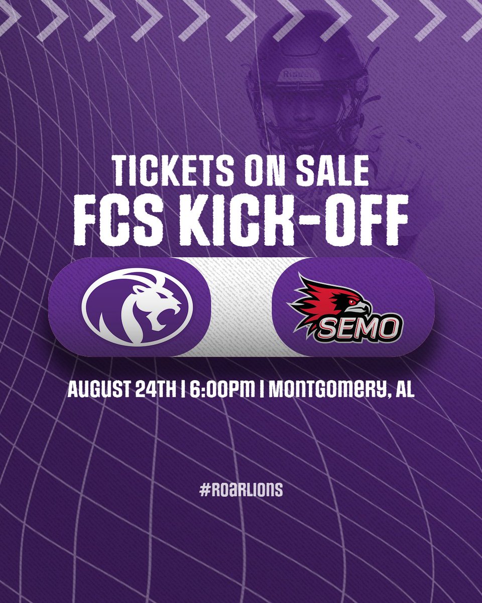 Tickets are on sale now for the FCS Kick-Off in Montgomery, AL on August 24th! Check out the link below for all the seating options 🦁🏈

🔗ds6.glitnirticketing.com/dsticket/cms/v…