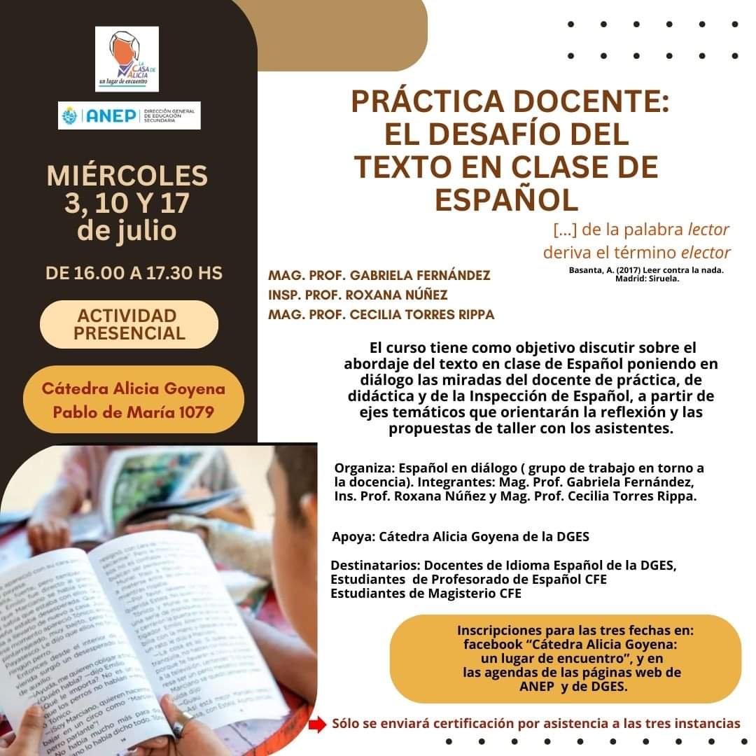Adelanto de julio: Curso PRESENCIAL en la Cátedra Alicia Goyena ( Pablo de María 1079). Inscripciones abiertas. Solo se entregaran certificados por asistencia a las tres fechas. <a href="/dges_Uruguay/">Educación Secundaria</a> <a href="/ANEP_Uruguay/">ANEP</a>