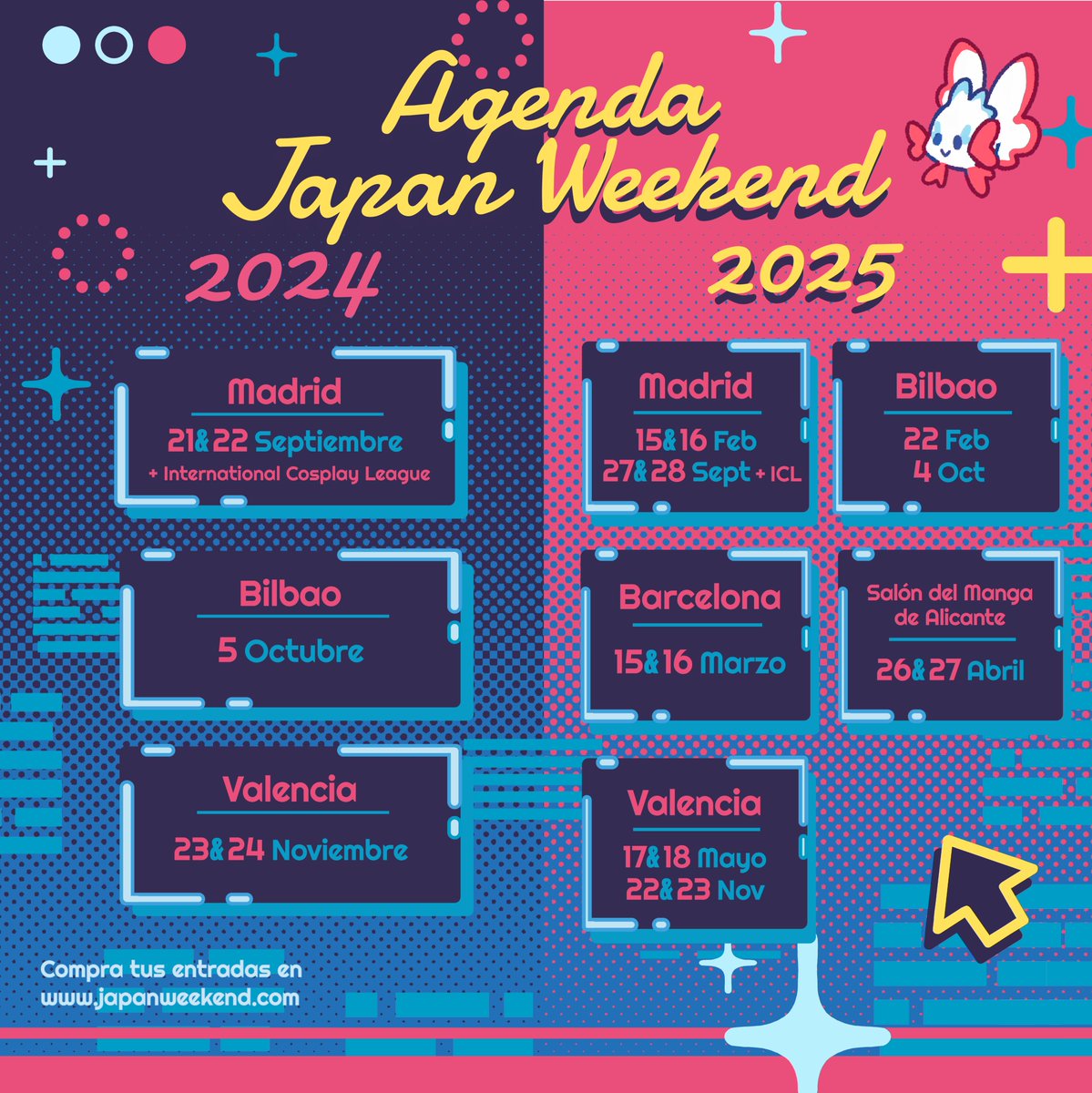 Aprovechamos la llegada del verano para actualizar nuestra 𝐀𝐠𝐞𝐧𝐝𝐚 𝐉𝐀𝐏𝐀𝐍 𝐖𝐄𝐄𝐊𝐄𝐍𝐃 𝟐𝟎𝟐𝟒/𝟐𝟎𝟐𝟓! 🏄‍♀️✨

📆 Apunta bien las fechas para disfrutar del mejor manga, anime, videojuegos, cosplay, conciertos y cientos de actividades.