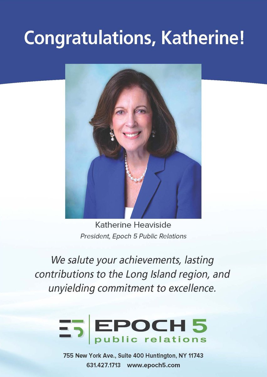 Congratulations to Epoch 5 President Katherine Heaviside on being named to the “Most Dynamic Women Influencers” list compiled by Long Island Business News. 

#womeninfluencers #womenleaders #innovation #business #inspiration #networking #entrepreneur #publicrealtions #success
